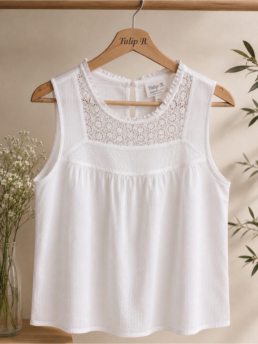 NWT Tulip B White Lace Yoke Sleeveless Embroidered Camisole 100% Cotton - Picture 3 of 6